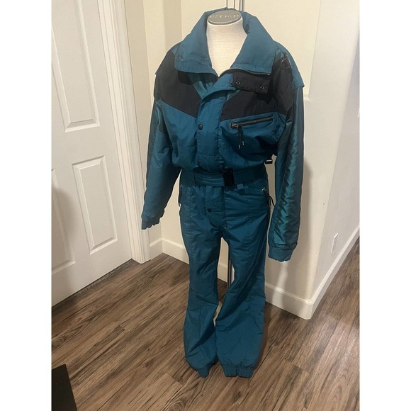 VTG Mountain Goat Mens Medium One Piece Ski Suit Snowsuit Snow Coat Jacket teal - Picture 1 of 10